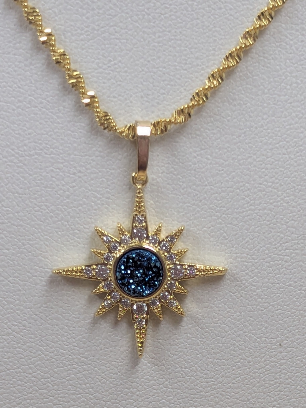 Dark Blue Natural Druzy Starburst Necklace 18K Gold Plated Celestial Pendant - Picture 4 of 4